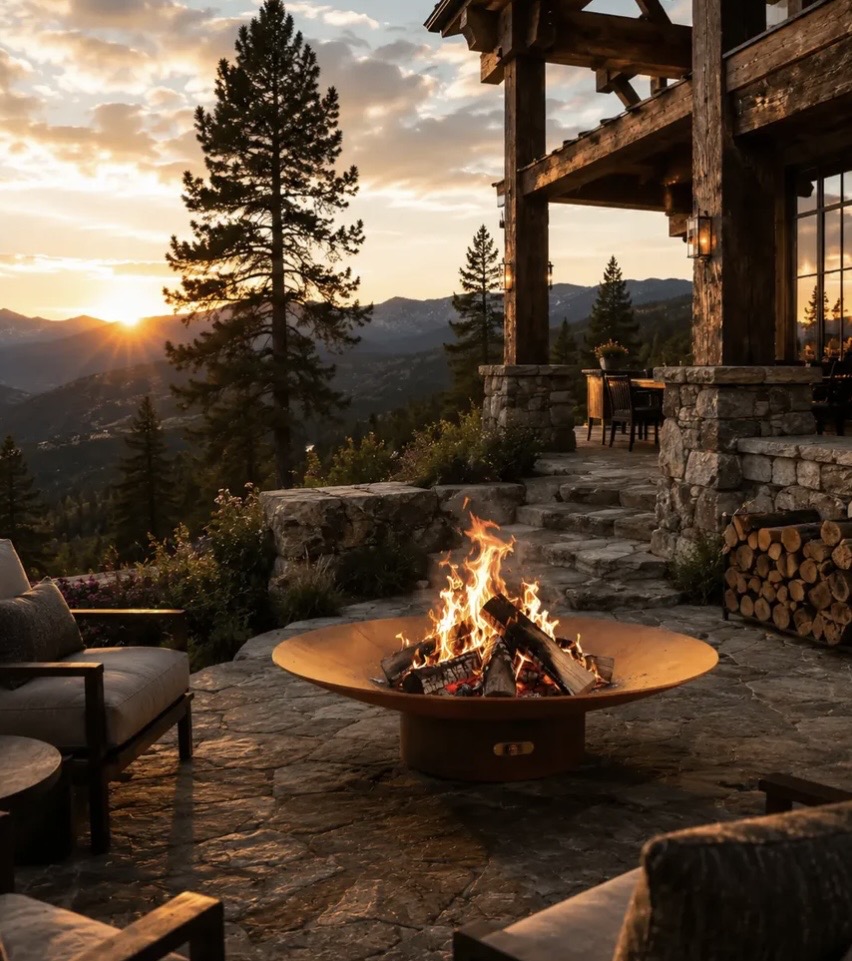 Fire pit at golden sunset at Aspen Falls Ranch